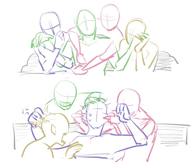 three different colored drawings of people sitting at a table with their hands on their heads