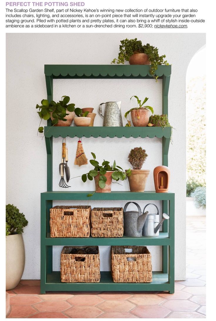 a shelf filled with potted plants on top of a tiled floor