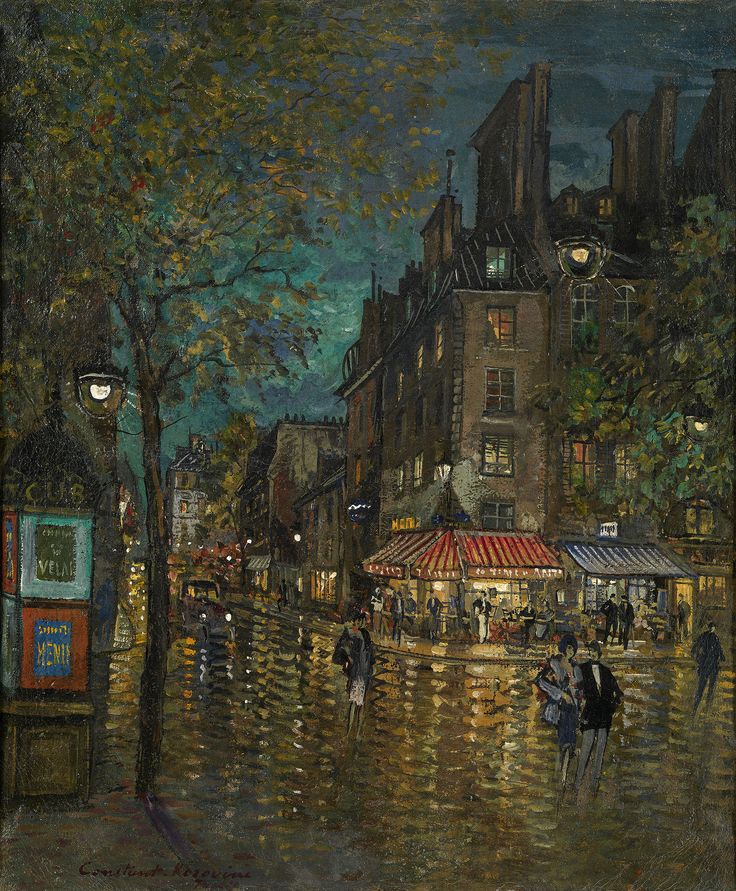 an oil painting of people walking in the rain