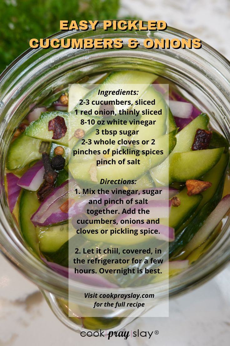 the ingredients for pickled cucumbers and onions in a jar