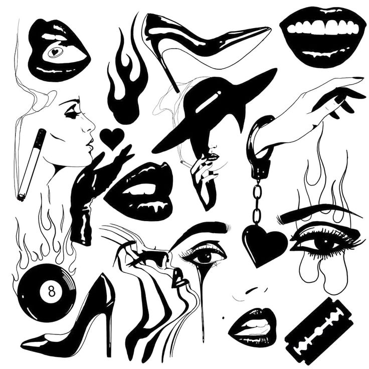 black and white drawing of various women's faces with lipstick, lips, eyeliners and other accessories