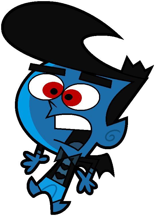 a blue cartoon character with red eyes and a black hat on top of his head