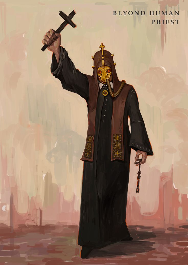 a painting of a man holding a cross and wearing a mask with the words beyond human trust written on it