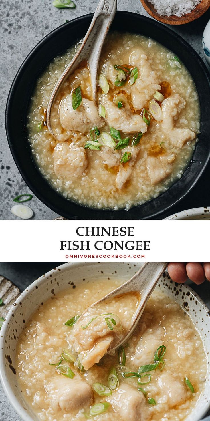 two pictures showing different types of food being cooked in the same skillet, one with fish and rice