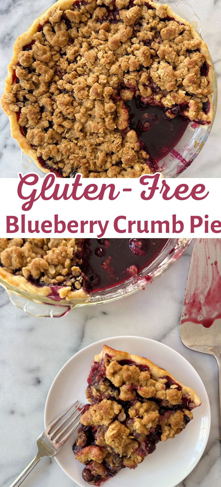 a blueberry crumb pie on a plate with a slice cut out and ready to be eaten