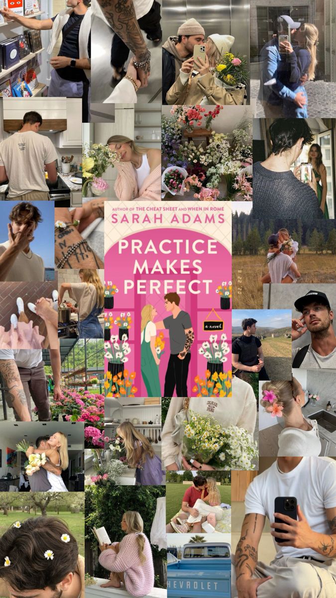 a collage of photos with people and flowers in the middle one has a pink sign that says practice makes perfect