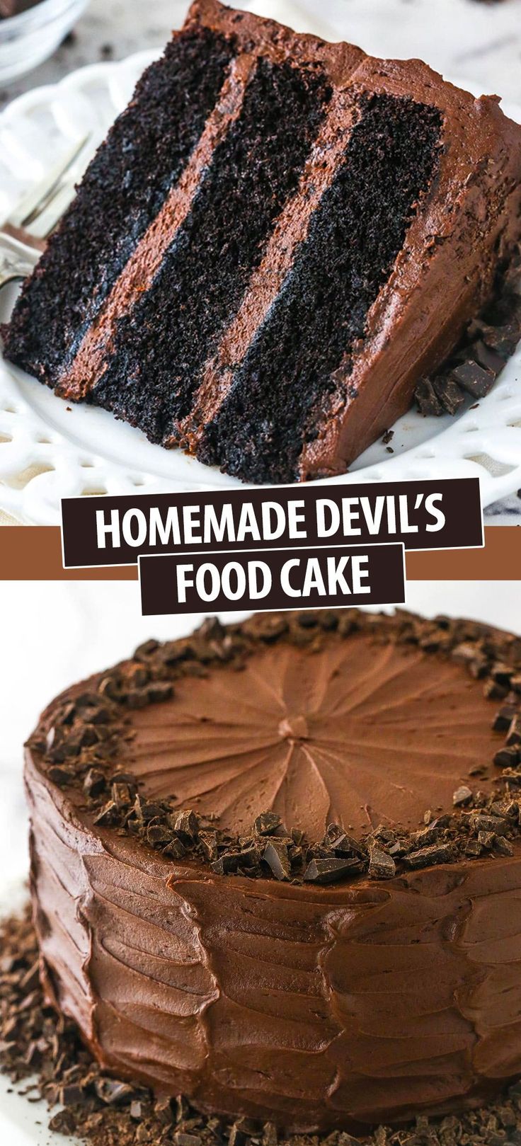 there is a chocolate cake with frosting on the top and bottom, along with an advertisement for homemade devil's food cake