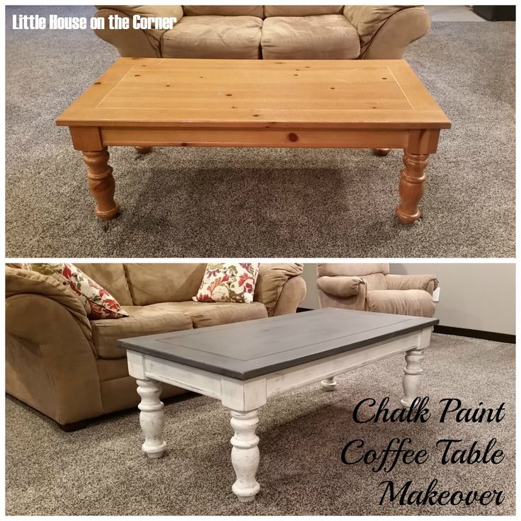 coffee table makeover with chalk paint on top and white staining on the bottom