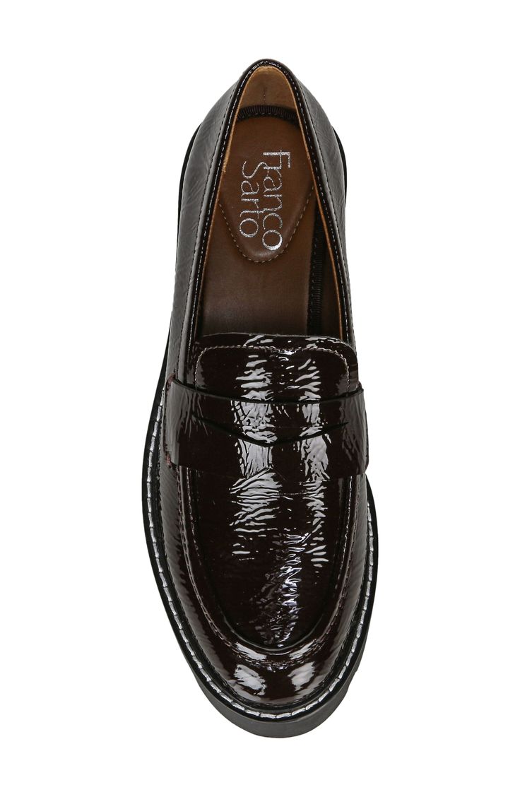 A lug heel and platform bring utilitarian flair to a menswear-inspired penny loafer in patent leather. A well-cushioned footbed supports your foot for comfort during long days at the office or a day spent on your feet with friends. 1 1/2" heel; 1" platform Cushioned footbed Leather upper/synthetic lining and sole Imported Platform Loafers, Penny Loafer, Menswear Inspired, Franco Sarto, Penny Loafers, Loafers For Women, Loafers Men, The Office, Patent Leather