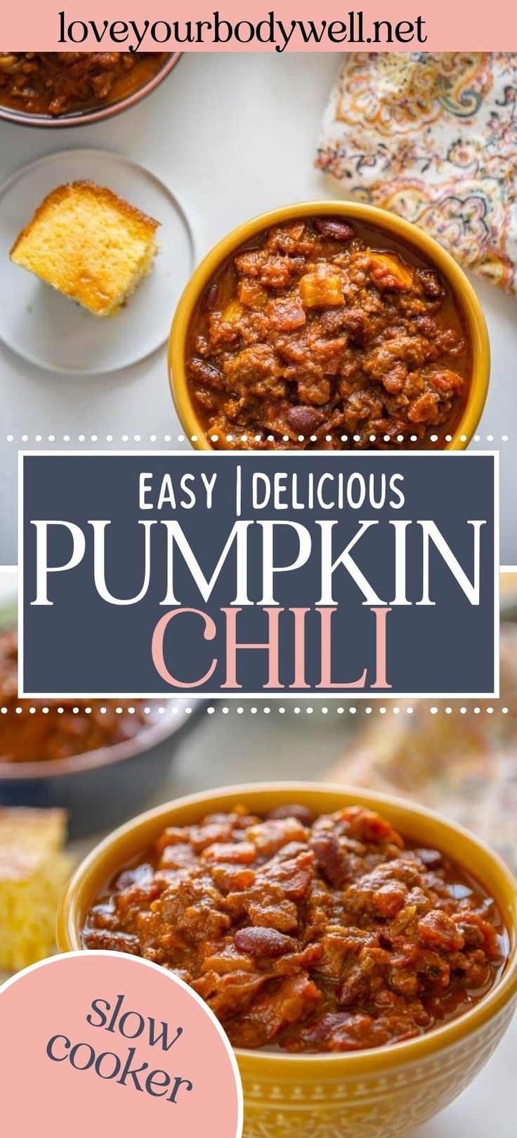 easy delicious pumpkin chili recipe with text overlay