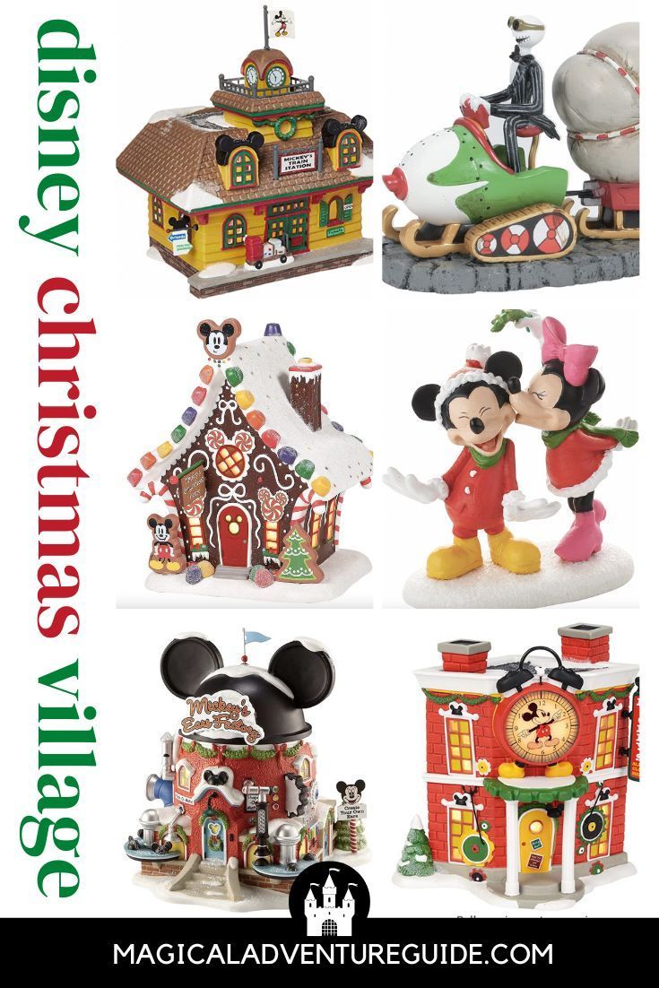 the disney christmas village collection includes mickey mouse, minnie mouse and other holiday figurines