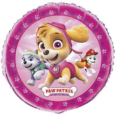 a pink foil balloon with paw patrol characters on the front and bottom, including an image of a dog wearing a bandana