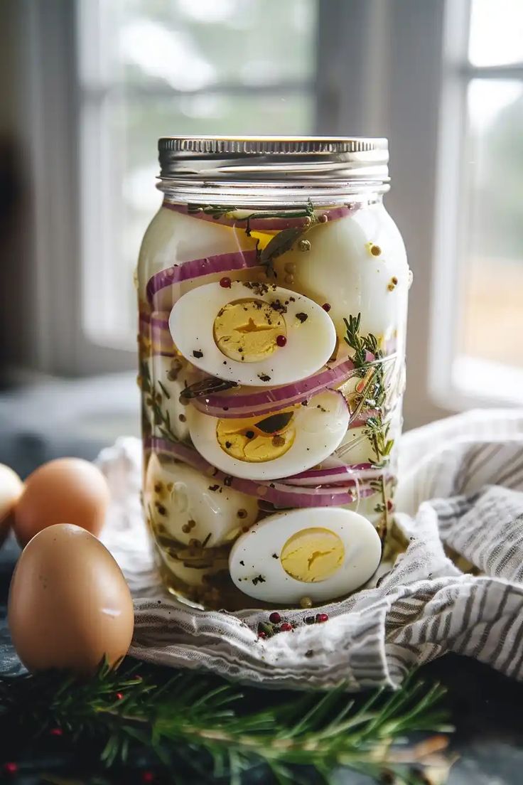 a jar filled with hard boiled eggs on top of a table