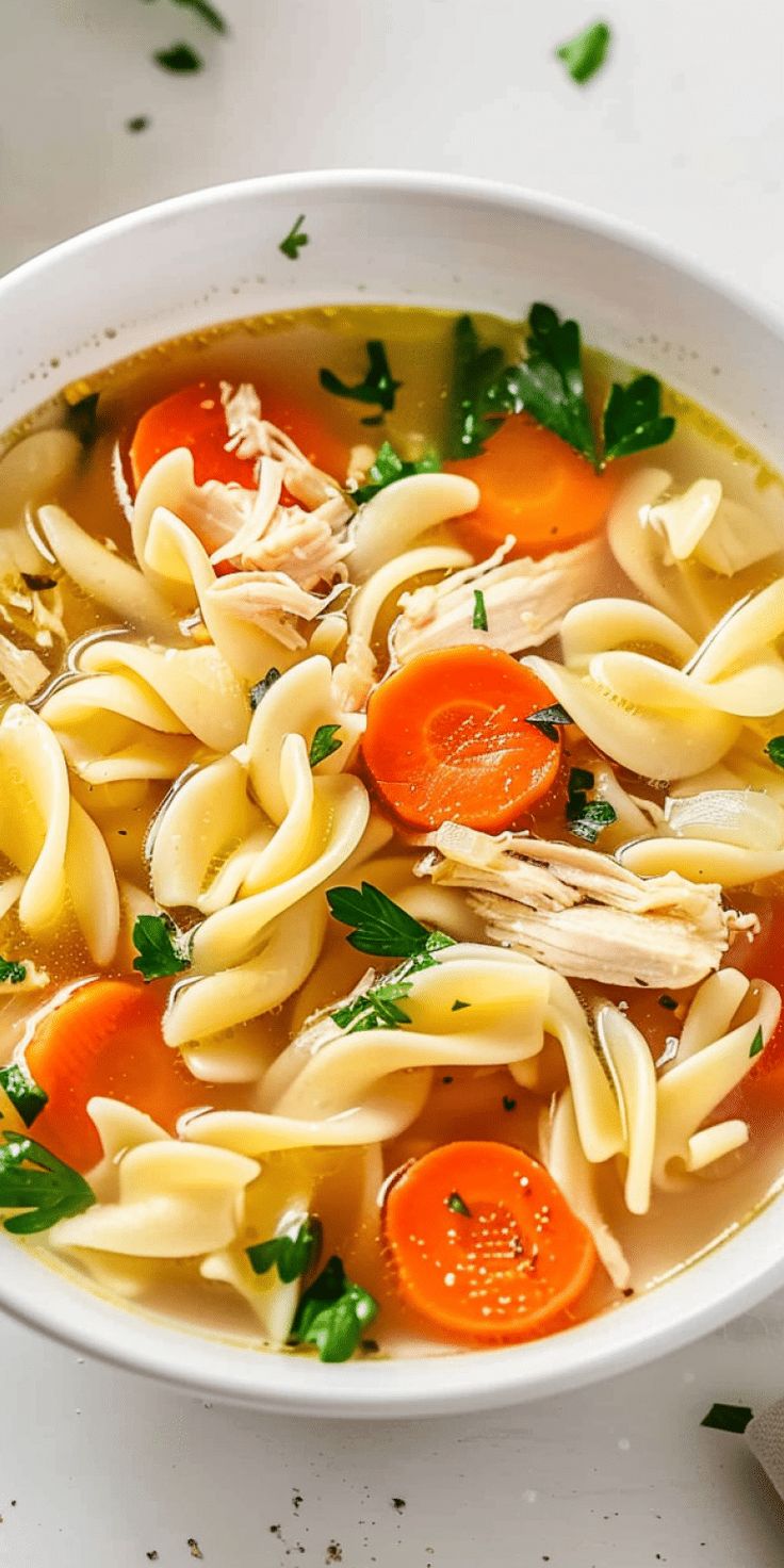 a bowl of chicken noodle soup with carrots and parsley on the side