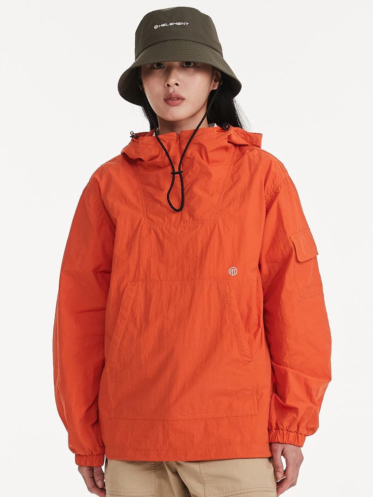 This is a casual and unique anorak jumper that are made out of high quality cotton and nylon blend fabric. With design detail of semi oversized silhouette and oversized kangaroo pocket on the front, you can style it for casual and trendy outfit. - Half zipper closure on the neckline- Semi oversized silhouette- Large kangaroo pocket on the front- Elastic cuffs Oversized Solid Color Windbreaker For Outdoor, Oversized Solid Windbreaker For Outdoor, Oversized Hooded Casual Windbreaker, Oversized Functional Parka For Streetwear, Oversized Windbreaker For Outdoor Activities, Functional Cotton Hoodie With Pockets, Oversized Windbreaker With Adjustable Hood For Outdoor, Oversized Windbreaker With Drawstring Hood For Streetwear, Solid Oversized Windbreaker With Adjustable Hood