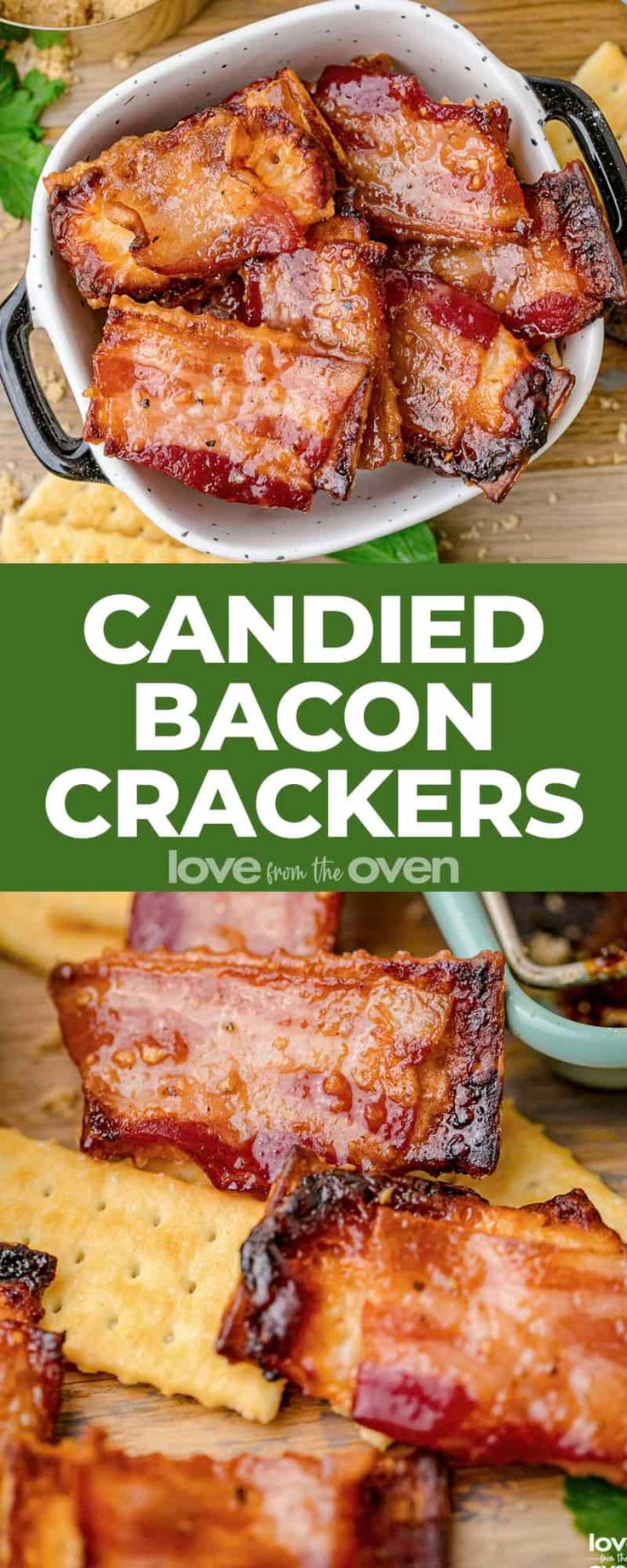 bacon crackers on a cutting board with the words candied bacon crackers above them