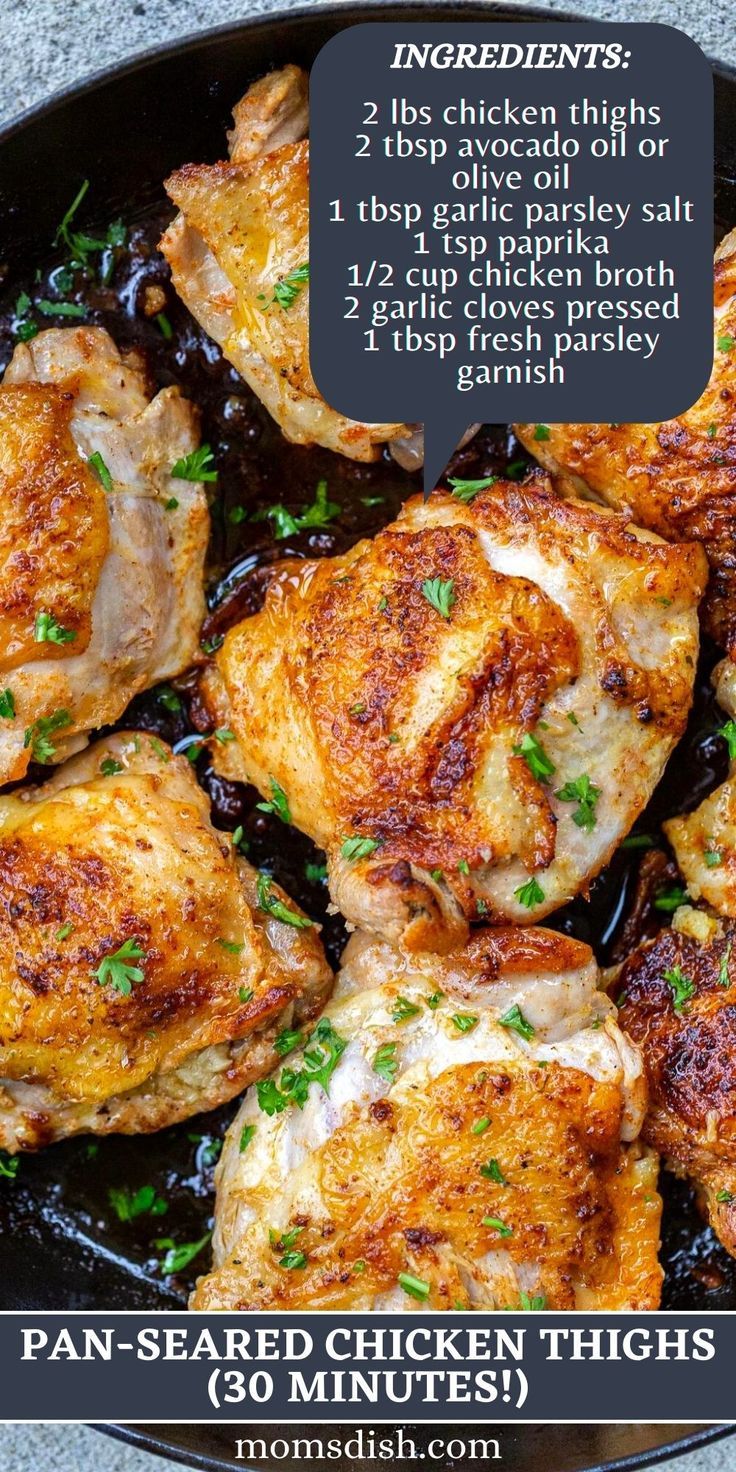 chicken thighs in a skillet with parsley on top and instructions for how to cook them