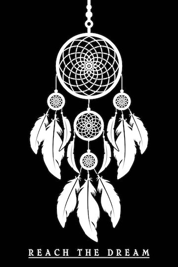 a black and white dream catcher with the words reach the dream on it's side