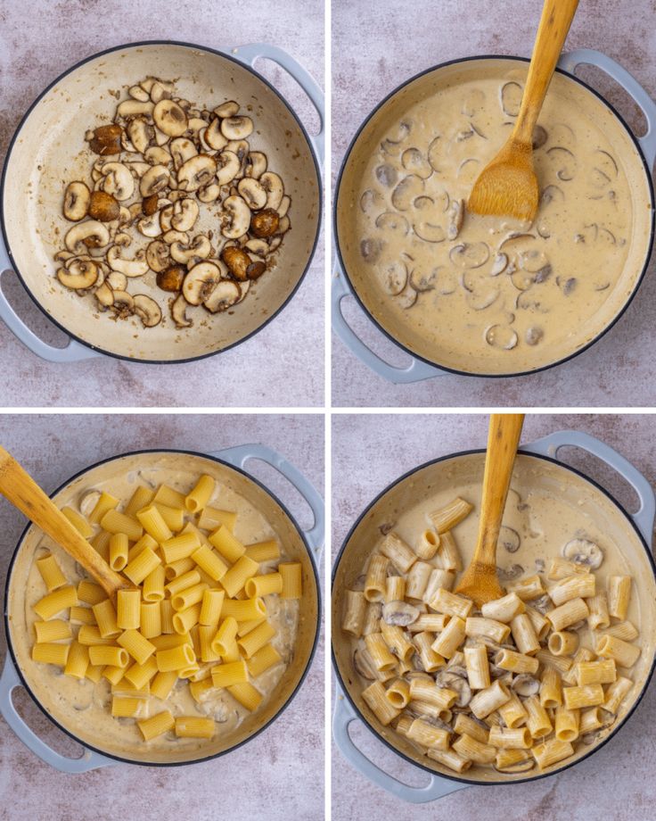 four images show the process of making pasta with mushrooms and cheese in a skillet