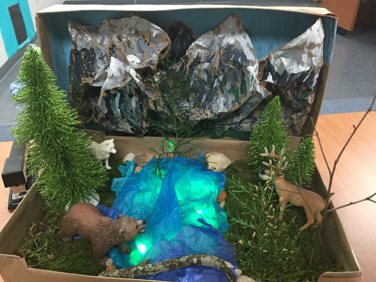 an open cardboard box filled with fake animals and trees on top of a wooden table