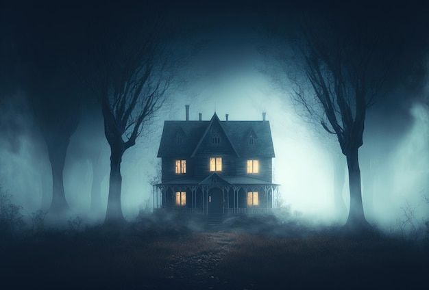 a creepy house in the middle of a forest with fog and light coming from windows