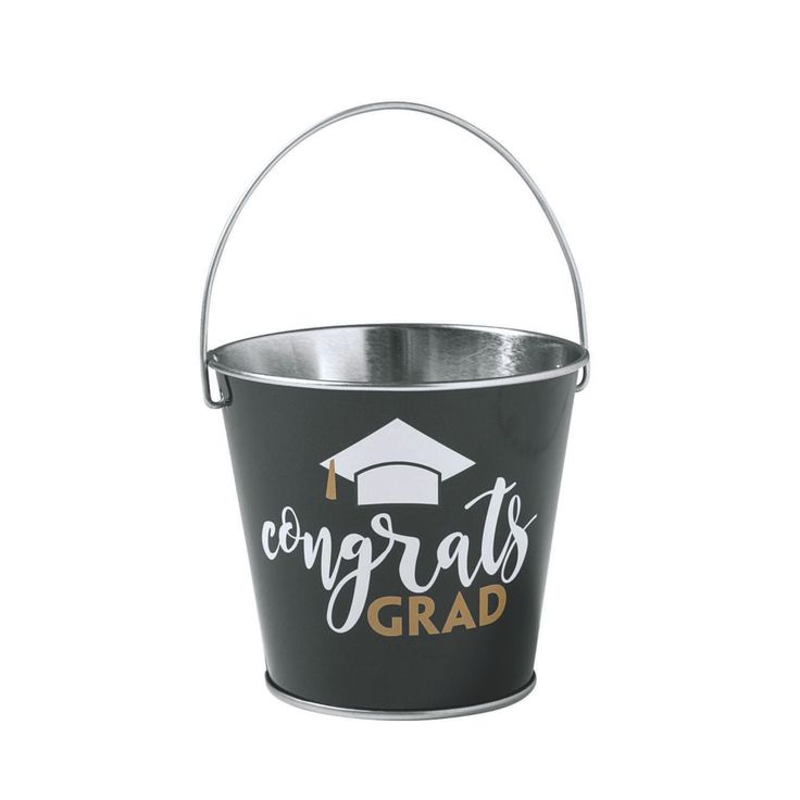 a metal bucket with congratulations grad written on it