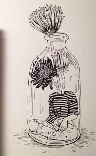 a drawing of a flower in a glass bottle with water on the table next to it