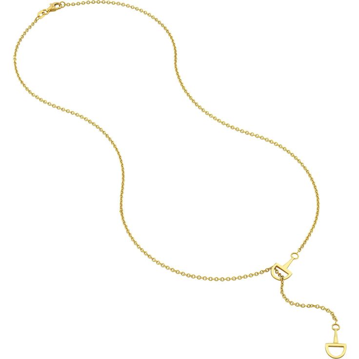 Dive into timeless beauty with the exquisite Horse Bit Lariat Necklace from Olas d'Oro. This piece transcends mere jewelry; it's a statement of elegance and style. Crafted with meticulous attention to detail, this lariat necklace features two intricately designed horse bits suspended on a delicate cable chain, culminating in a mesmerizing pear-shaped lock. It's a fusion of art and elegance, combining the timeless allure of equestrian motifs with the luxury of 14K yellow gold.The Horse Bit Lariat Luxury Lariat Necklace With Delicate Chain, Luxury Lariat Necklace With Adjustable Chain, Luxury Lariat Drop Necklace With Adjustable Chain, Elegant Gold-tone Dangle Necklaces, Timeless Lariat Necklace With Clavicle Chain For Formal Occasions, Luxury Gold-tone Lariat Necklaces, Elegant Lariat Necklace For Formal Occasions, Yellow Gold Dangle Lariat Necklace, Luxury Gold-tone Lariat Chain Necklace