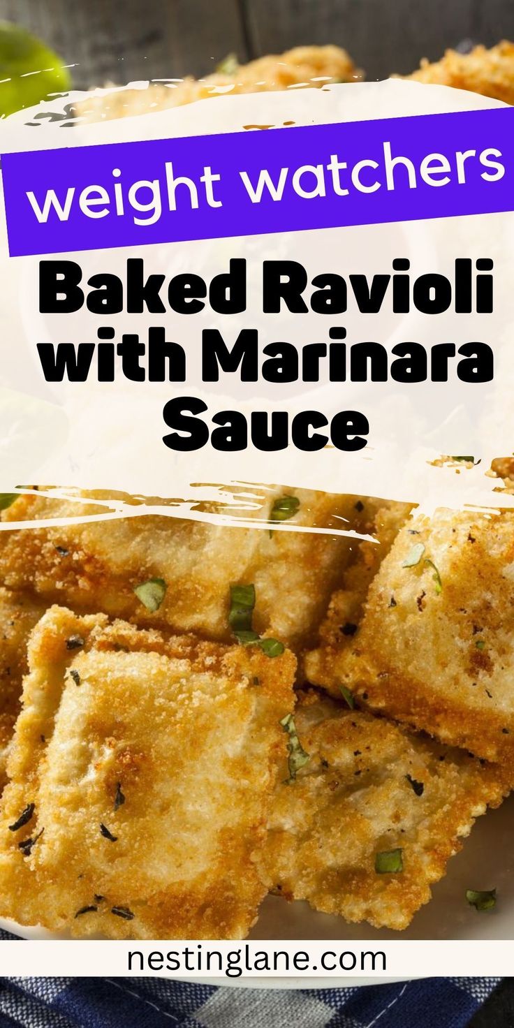 baked ravioli with marinara sauce on a white plate and text overlay reads weight watchers baked ravioli with marinara sauce