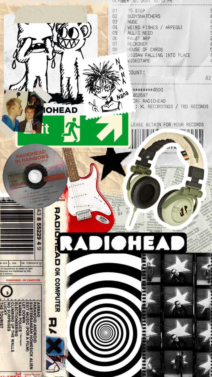 various stickers and decals on top of a piece of paper that says radiohead