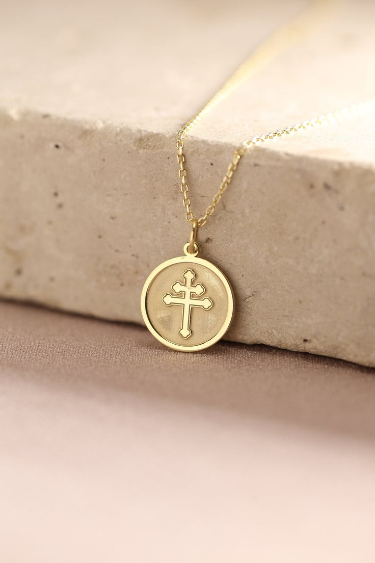 Gold Cross Pendant - Cross of Lorraine Gold Necklace ● Material of pendant: Solid Gold 14k ( REAL GOLD ) ● Metal Stamp: 14k ( REAL GOLD ) ● The pendant is available in 5 sizes: - 12,7 mm / 0.5 inches (Diameter) - 14,0 mm / 0,55 inches ( Diameter ) In the photos - 15,3 mm / 0.6 inches ( Diameter ) - 16,5 mm / 0,65 inches ( Diameter ) - 19,1 mm / 0,75 inches ( Diameter ) ( In the photos the size is 14mm / 0.55 inches Diameter ) ( Jump Ring inner diameter: 4 mm ) ● Material of chain: Solid gold 14k Gold Crucifix Jewelry Stamped 14k, Gold Cross Charm Necklace In 14k, 14k Gold Engraved Crucifix Necklace, Gold Crucifix Jewelry Gift, Spiritual Cross Pendant Jewelry For Commemoration, Yellow Gold Cross Charm Necklace Tarnish Resistant, Gold Cross Pendant Necklaces For Mother's Day, Gold Necklaces With Cross Pendant For Mother's Day, Yellow Gold Tarnish-resistant Cross Charm Necklace