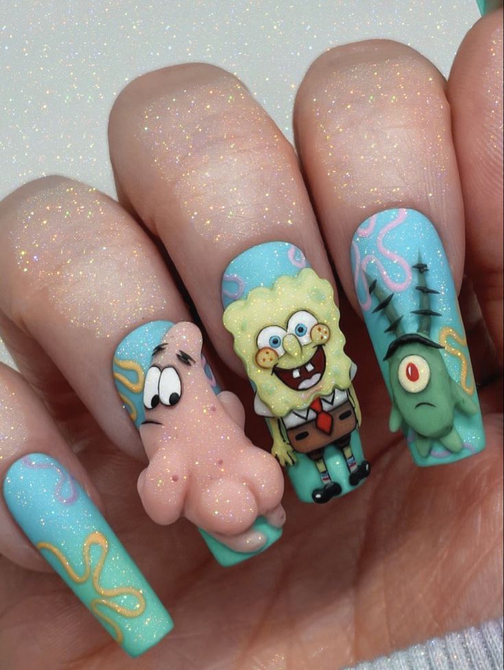 Nail Design Gold, Spongebob Nails, Cartoon Nail Designs, Nails Kids, Disney Acrylic Nails, Crazy Nail Designs, Unghie Nail Art, Spring House, Cute Simple Nails