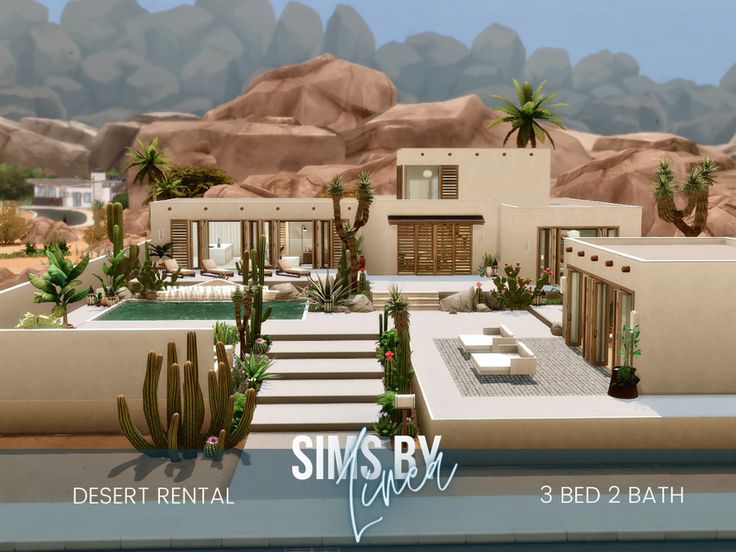 a 3d rendering of a desert house with cactus trees in the front yard and stairs leading up to it