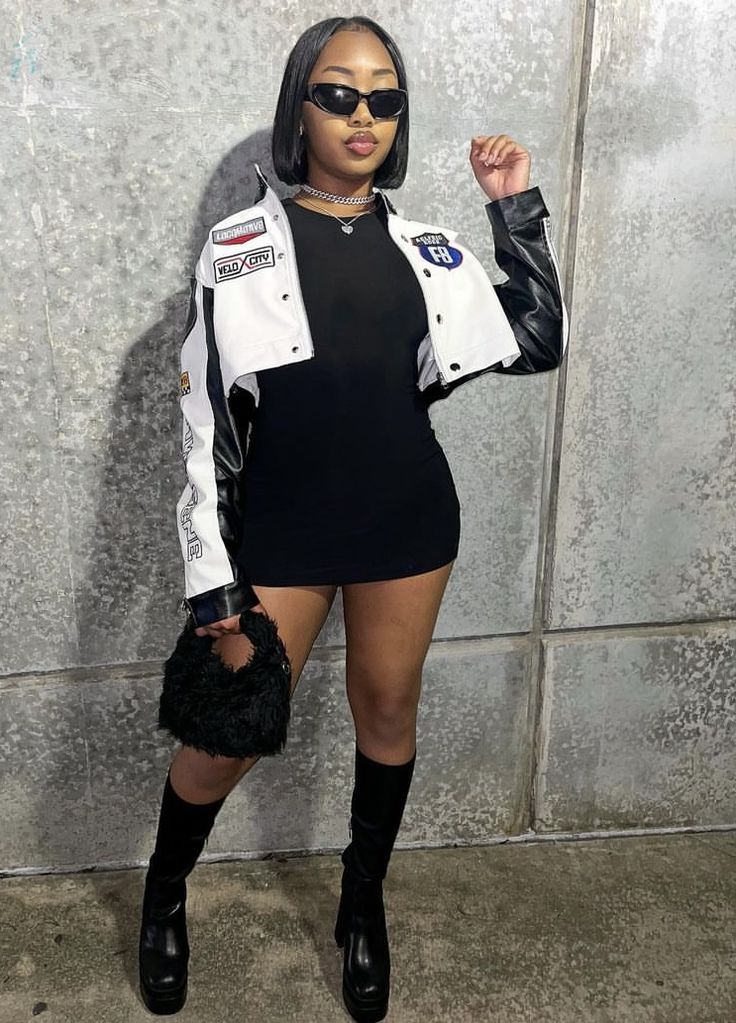 Racer Jacket Skirt Outfit, Crop Leather Jacket Outfits Women, Streetwear Clubbing Outfit, Poses For Pictures Instagram Concert, Leather Boots Outfit Black Women, Platform Heels Outfit Black Women, Fall Club Outfits Black Women, College Homecoming Outfits Black Women, Concert Outfit Black Women Winter