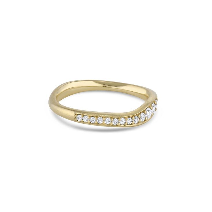 Waves of sparkling pavé diamonds make this ring an unforgettably luxe statement. In solid 14k gold with .23 carats of gleaming diamonds, this sensuously curvy ring holds its own as a solo piece or as part of a stack with any of our Touch Collection rings. A perfect option for a bride with an individual and contemporary perspective. Available in 14k yellow, white or rose gold, each with a high polish or matte satin finish. ◆ Made to order ◆ Approximately 2-3.5mm tall, 2mm thick ◆ Recycled 14k Gol Formal Pave Setting Diamond Ring, Formal Fine Jewelry Diamond Ring With Pave Setting, Modern Gold Wedding Rings With Single Cut Diamonds, Dazzling Diamond Ring With Pave Setting For Formal Occasions, Refined Formal Rings With Single Cut Diamonds, Formal Refined Rings With Single Cut Diamonds, Refined Single Cut Diamond Rings For Formal Occasions, Luxury Gold Half Eternity Diamond Ring, Luxury 14k Gold Diamond Ring With Pave Setting