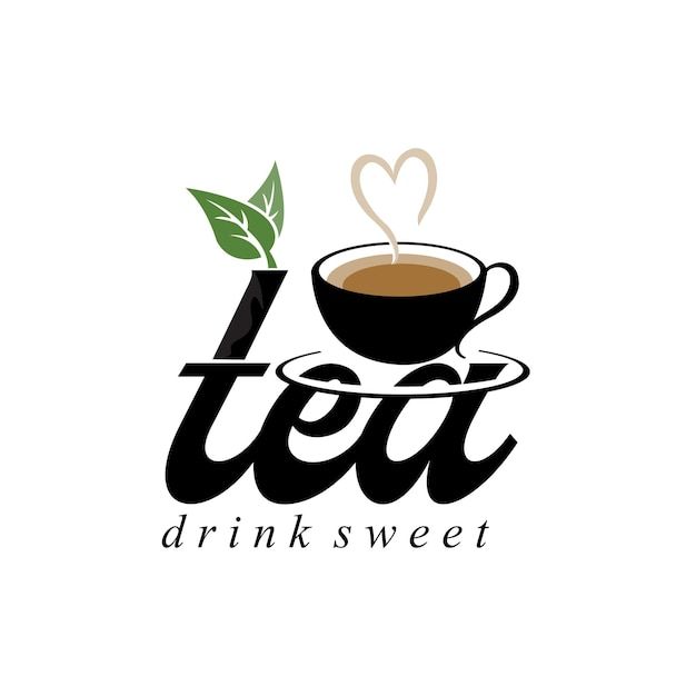 the logo for tea drink sweet, with a cup of coffee and leaves on top