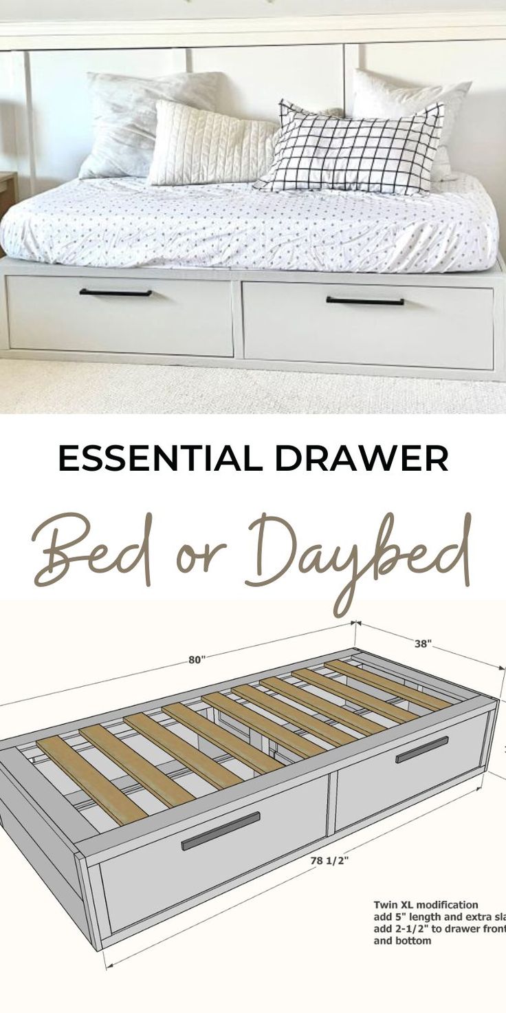 an image of a bed with drawers in it and the measurements for each drawer below