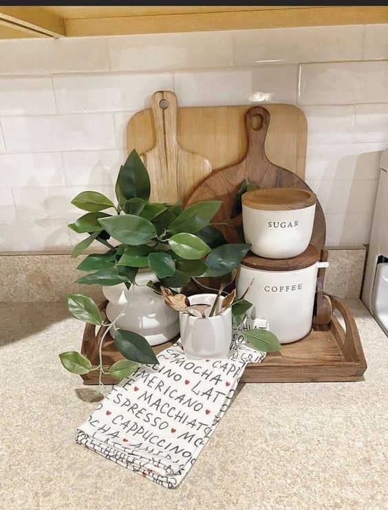 the kitchen counter is clean and ready to be used as a planter for coffee