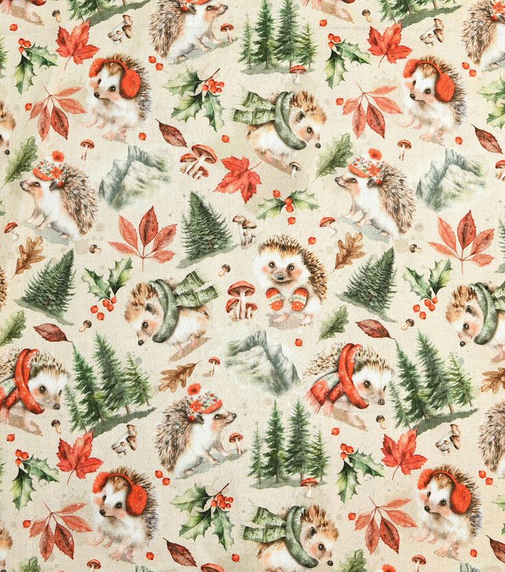 an animal themed fabric with trees, leaves and berries on it's white background