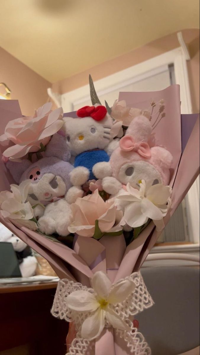 a bunch of stuffed animals in a bouquet