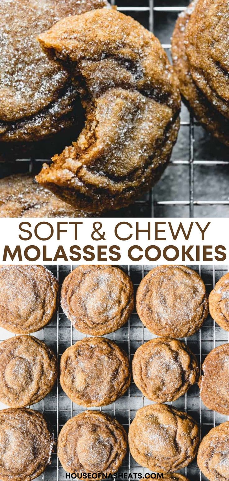 soft and chewy molasses cookies on a cooling rack with text overlay