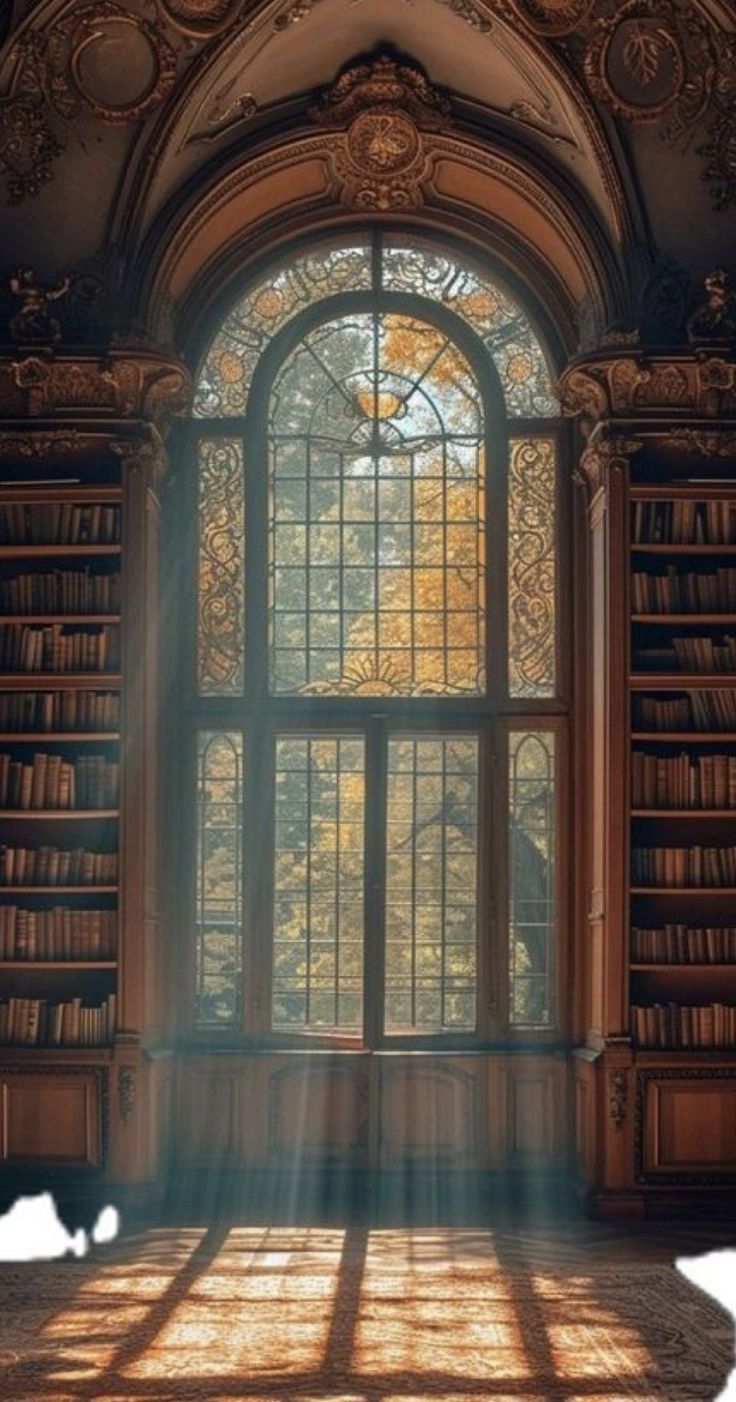 the sun shines through an arched window into a room with bookshelves and windows