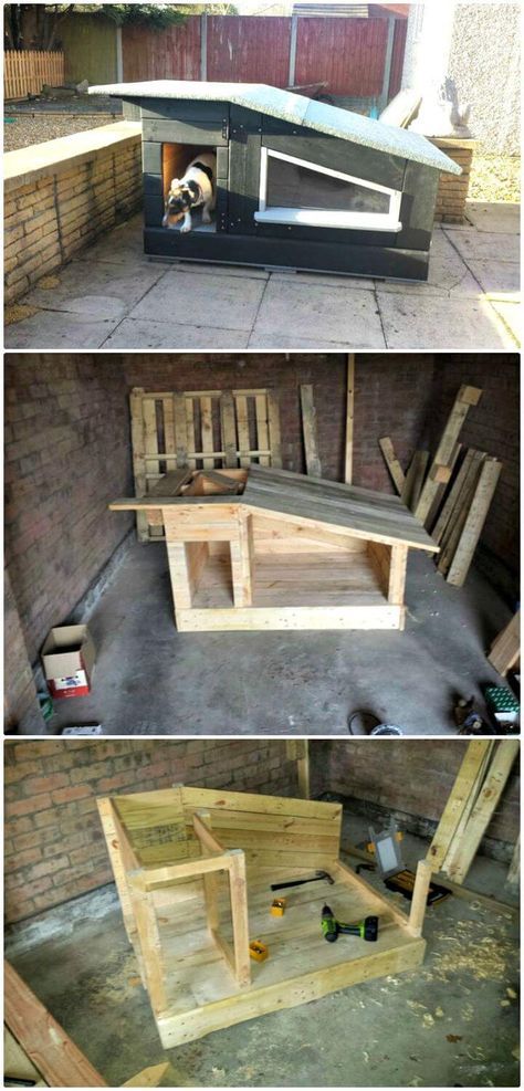 three different views of an outdoor dog house made out of pallets