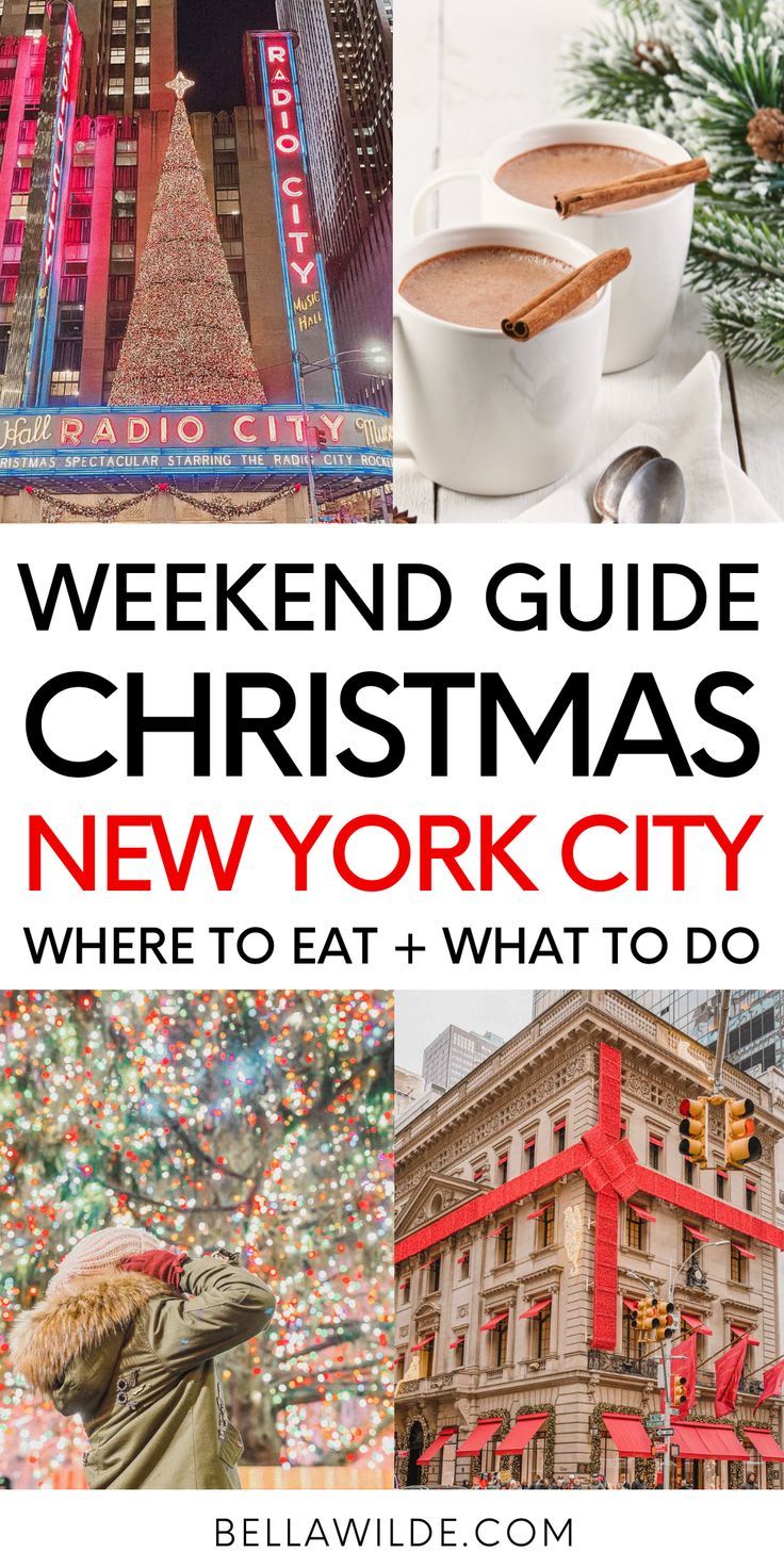 the new york city skyline with text overlay that reads weekend guide christmas, where to eat and what to do