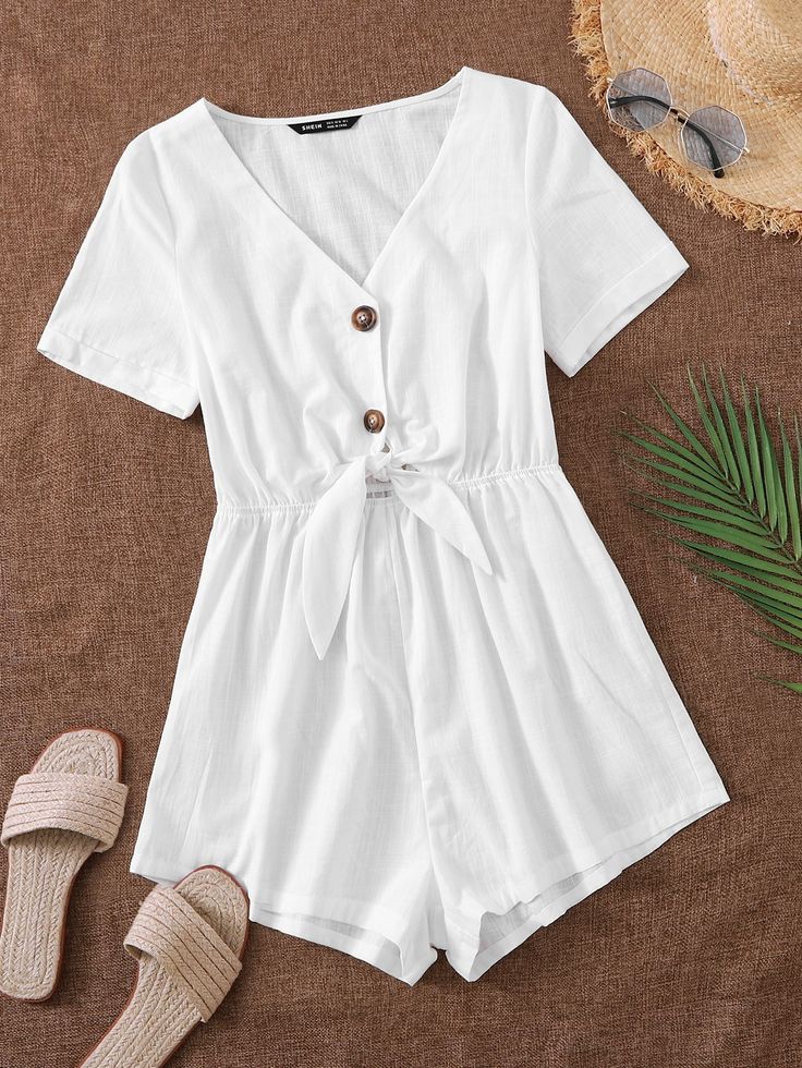 White Casual  Short Sleeve Polyester Plain Other  Non-Stretch Summer Women Jumpsuits & Bodysuits White Jumpsuit Casual, Jumpsuit Outfit Casual Summer, Casual Rompers Outfit, Casual White Jumpsuit, Short Jumpsuit Outfit, White Short Jumpsuit, Jumpsuit Outfit Casual, Cute Summer Rompers, Summer Romper Outfit