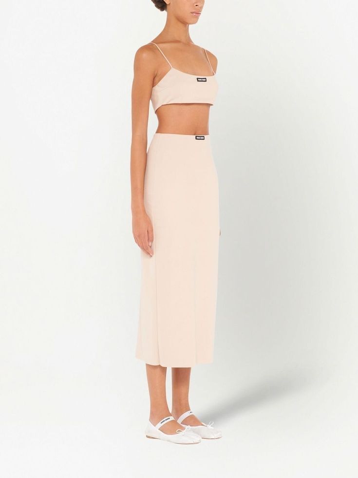 Miu Miu high-waist Midi Skirt - Farfetch Miu Miu Fitted Summer Skirt, Summer Fitted Miu Miu Bottoms, Miu Miu Fitted Bottoms For Summer, Elegant Cropped Beige Bottoms, Chic Spring Bottoms By Miu Miu, Chic Miu Miu Bottoms For Spring, Chic Miu Miu Spring Bottoms, Chic Miu Miu Skirt For Spring, Chic Fitted Miu Miu Bottoms