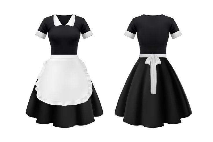 Maid and waitress uniform, hotel and house worker dress clothes. Vector isolated black dress with bell skirt and white apron with ruffle, realistic french maid outfit or housekeeping uniform Hotel Worker Outfit, Maid Uniform Modern, Maid Uniform Housekeeping, House Maid Uniform, Maid Cafe Uniform, Waitress Outfit Black, Waitress Outfit Ideas, Cafe Worker Outfit, House Keeping Uniform