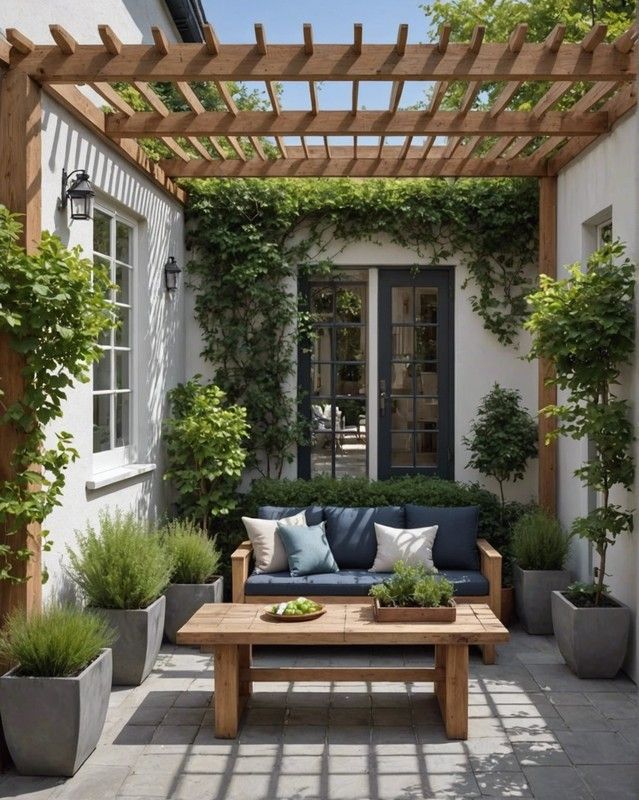 an outdoor living area with couches and potted plants