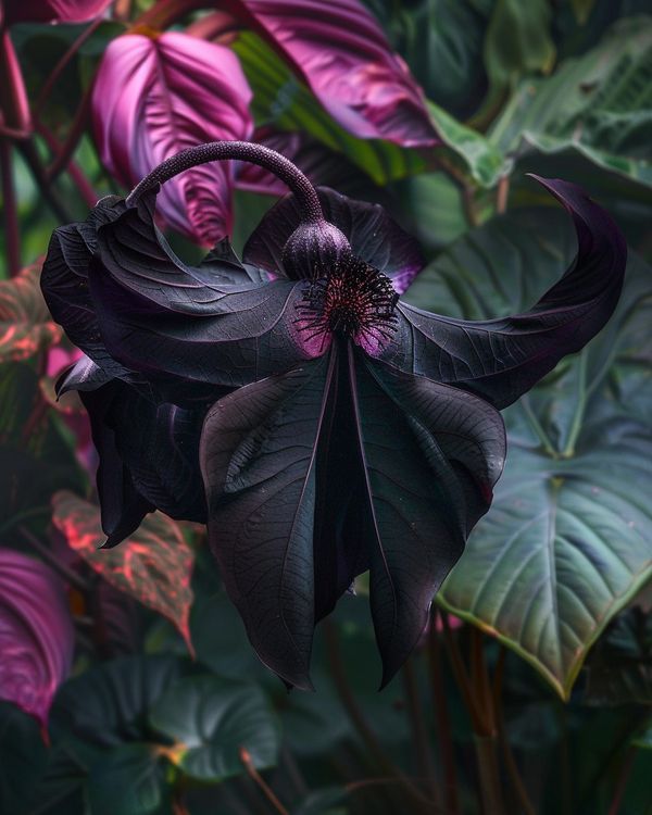 a large purple flower surrounded by green leaves