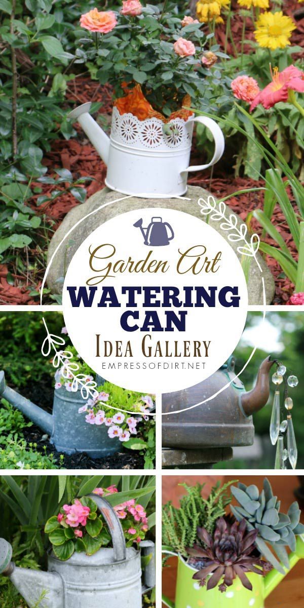 garden art watering can idea gallery with flowers and plants in the background, including an old watering can